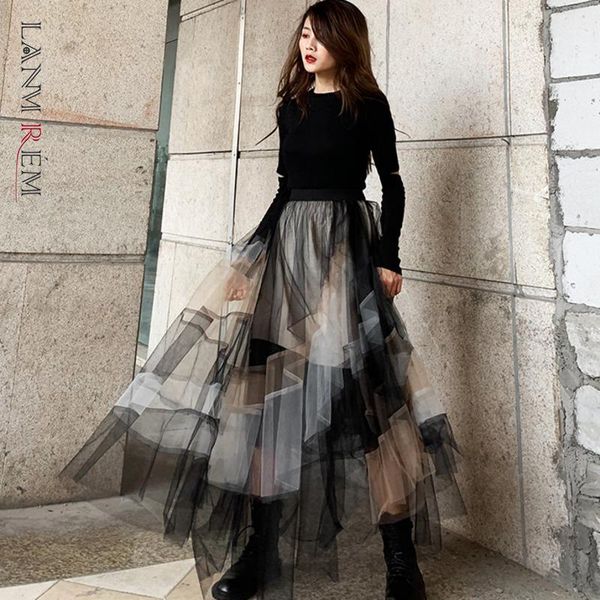 

dresses lanmrem women mesh skirt 2022 autumn high waist skirts female contrast color long length fashion streetwear 2c2203, White;black