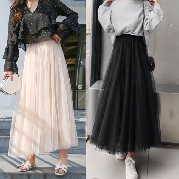 

skirts 3 layers midi summer tulle skirt women ladies casual white black high waist pleated sun school long skirt female 230427