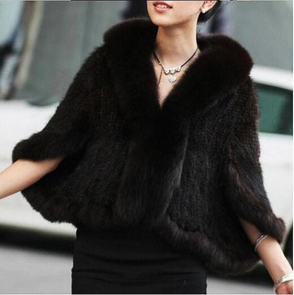 

fur new real genuine natural knitted mink fur shawl coat with fox fur collar women's fashion knit jacket cape, Black