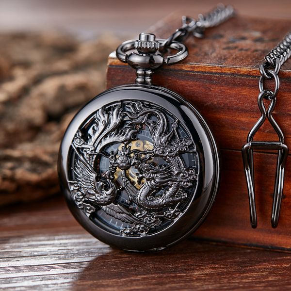

pocket watches retro mechanical dragon play ball steampunk skeleton handwind flip clock fob with chain double hunter gift 230426, Slivery;golden