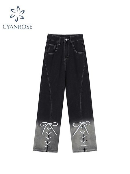 

jeans women's jeans high waist gradient strappy cross denim pants vintage korean fashion harajuku ins street baggy wide leg trousers, Blue