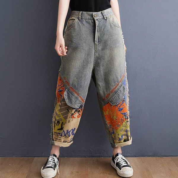 

jeans women anklelength casual jeans new 2021 autumn korean style streetwear vintage print loose denim female boyfriend jeans b1284, Blue
