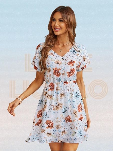 

dresses floral print short sleeve flared hem dress summer 2022 vneck aline chiffon dress women boho mini dress robe women clothes, Black;gray