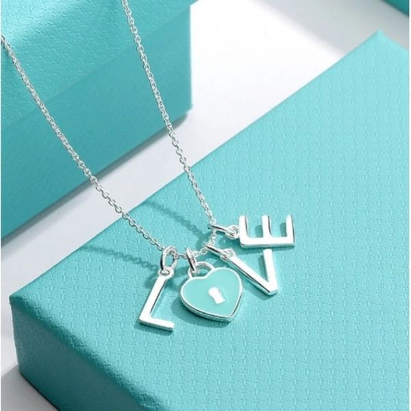 

unique personality heart necklaces design love alphabet pendant women's sweater chain necklace 925 silver blue enamel luxury women&#039