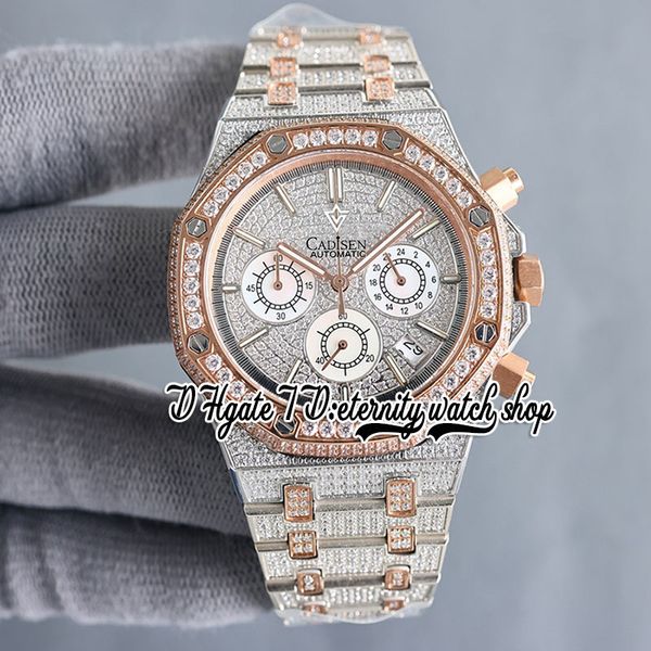 

sf sf26473 japan miyota quartz chronograph movement mens watch rose gold bezel iced out paved diamond dial stick markers two tone diamonds b, Slivery;brown