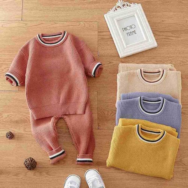 

clothing sets innqeebvby winter crew neck rib plain baby kids knit sweater 2 piece pants organic cotton, White