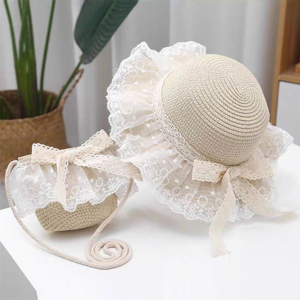 

caps hats kids girls straw hat with lace large wide brim sun beach hat princess girl summer panama cap and portable handbag 230427, Yellow