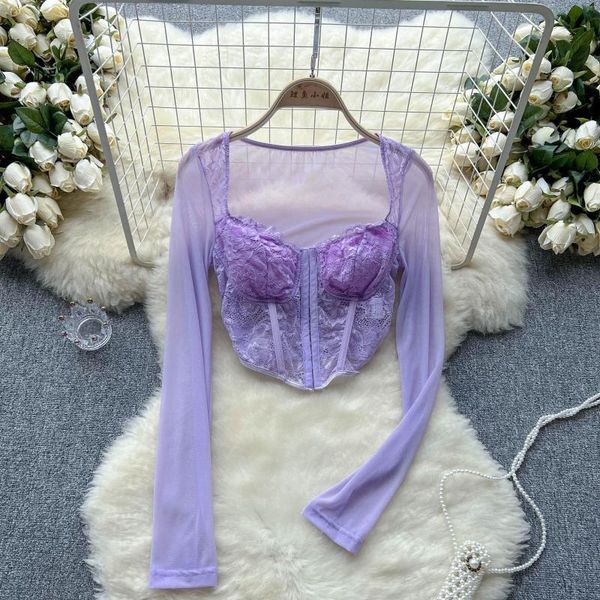 

women's blouses women elastic mesh sheer patchwork t shirt long sleeve chic tees solid crop slim tshirt spring summer streetwea, White