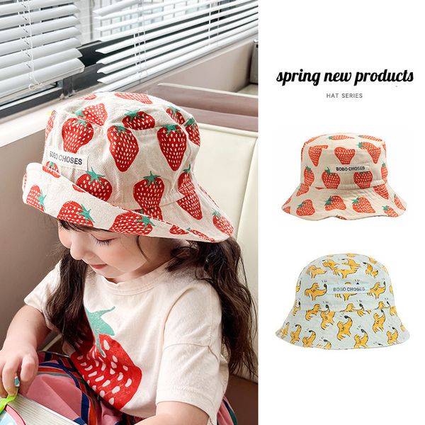 

caps hats bobo children's hat summer same style girls' cartoon strawberry print outdoor sunscreen fisherman 230427, Yellow