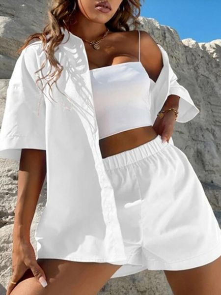 

dress summer casual ladies 2 piece fashion short sleeve lapel cardigan and elastic waist pocket shorts set solid loose women suit, White