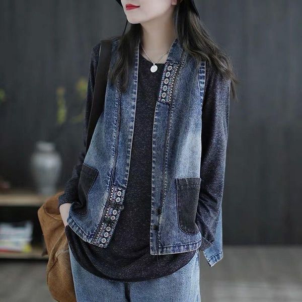 

leather national style vest vintage literature and art disc buckle cowboy waistcoat women's sleeveless jacket chalecos para mujer, Black