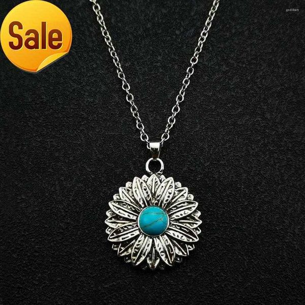 

pendant necklaces european and american blue turquoise sunflower necklace female retro bohemian flower jewelry, Silver