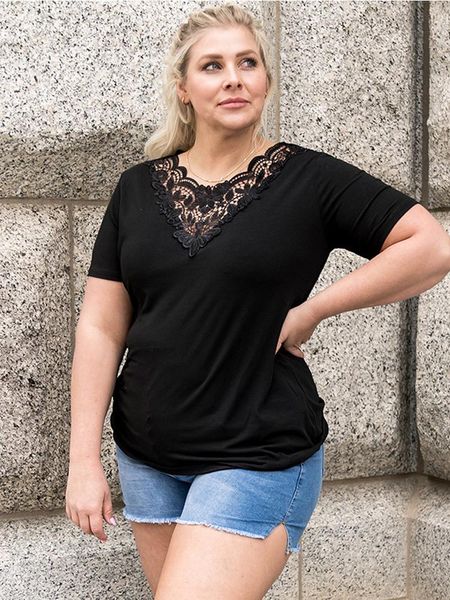 

t-shirt 4xl 5xl plus size tee shirt woman fashion lace floral hollow out v neck short sleeve casual blouse shirt black laies