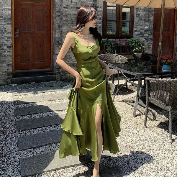 

suspenders long summer new human fishtail large cocktail swing ruffled edge holiday dress simple show thin main party dress, Black