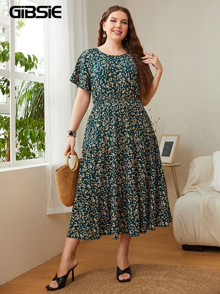 

plus size dresses gibsie size ditsy floral oneck ruffle hem dres holiday boho summer short sleeve elastic aline casual long 230426, Black