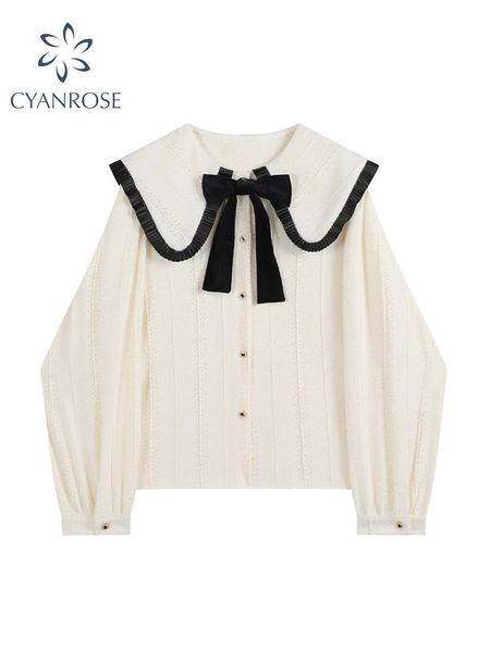 

shirts 2022 spring women's shirts korean office lady blouses elegant casual sweet long sleeve bow peter pan collar lace blouses new, White