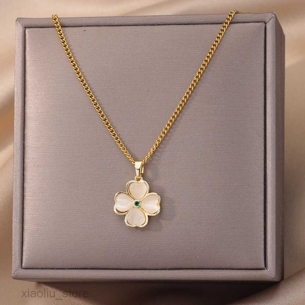 

pendant necklaces fashion four leaves clover pendant necklace for woman stainless steel color gold geometric stone wedding jewelry necklace, Silver