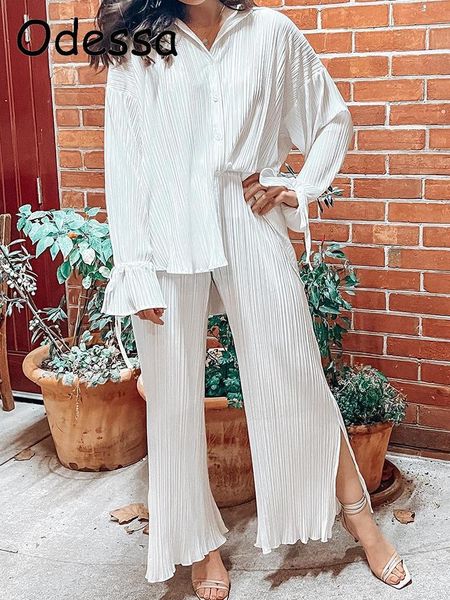 

pants odessa women shirt pleated two piece sets causal loose home suit long sleeve blouse high wasit wide leg pants set office outfits, White