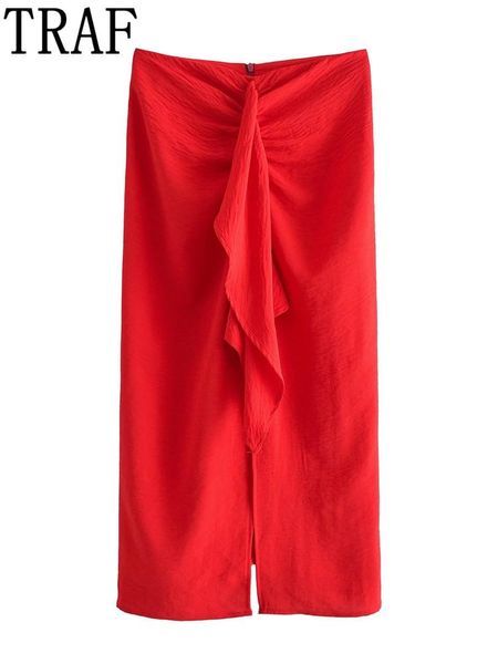

dresses traf women frilled red skirt women high waist long skirts woman fashion 2022 knotted midi slit skirt ruffle elegant skirts suits, White;black