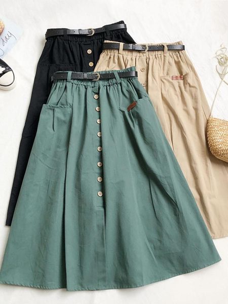 

dresses tigena casual cotton midi long skirt women 2022 autumn korean button pocket belt a line high waist midlength skirt female green, Black;gray