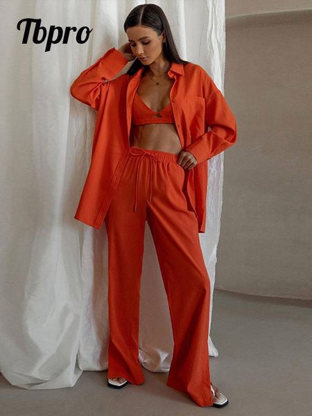 

pants cotton shirt long pants set female singlebreasted lapels long sleeve shirt suit 2022 high waist lace up slit wide leg pants set, White
