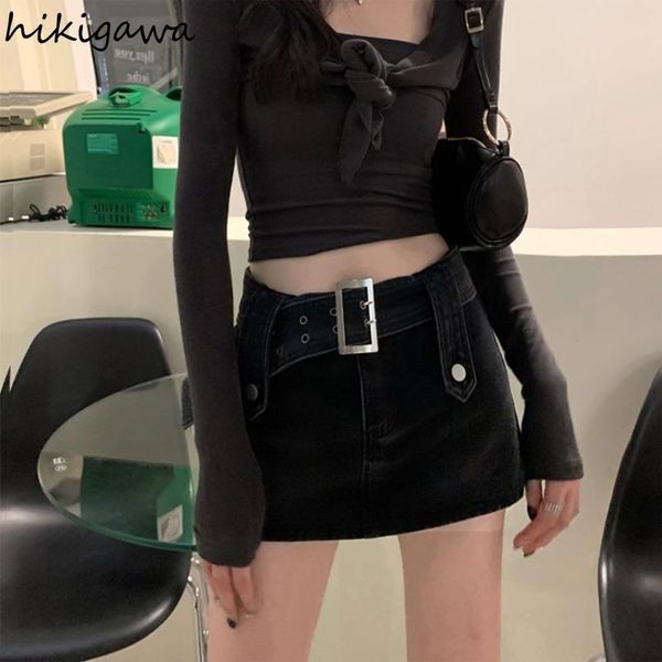 

capris hikigawa 2022 faldas de mujer streetwear y2k skirts for women high waist slim fit mini jupe korean fashion bodycon jean skirt, Black;white