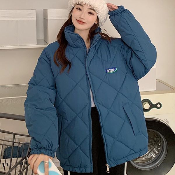 

leather s2xl oversize winter thick parkas coat women 2022 new zip up argyle loose overcoat female warm clothes outerwear, Black