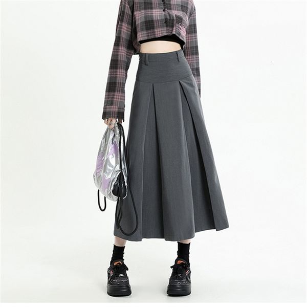 

skirts vintage grey high waist pleated mid length women's spring autumn college style suit aline femal 230426, Black