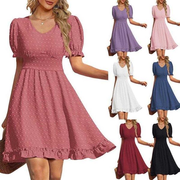 

womens summer dress v neck short sleeve swiss polka dot pocket, Black;gray