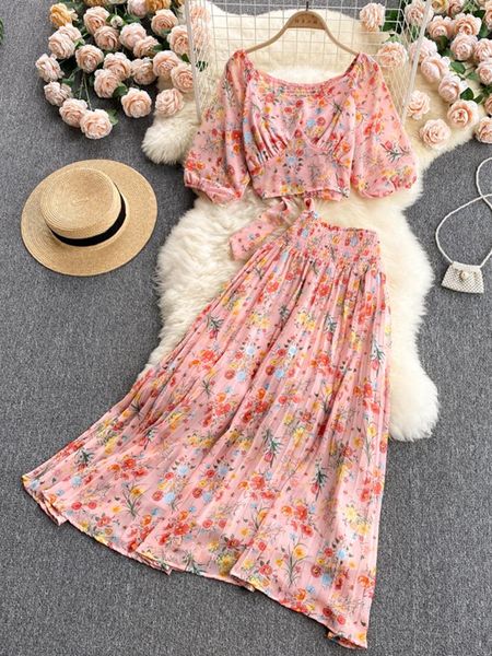 

dress holiday style floral suit women's summer chiffon blouse women's highwaist pleated skirt twopiece age reduction dk480, White
