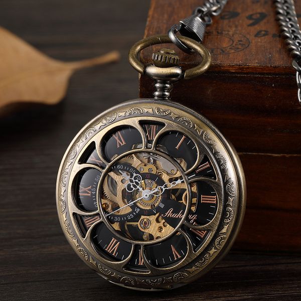 

pocket watches bronze mechanical hand wind roman numeral dial skeleton flip watch men clock with fob chain gift box 230426, Slivery;golden