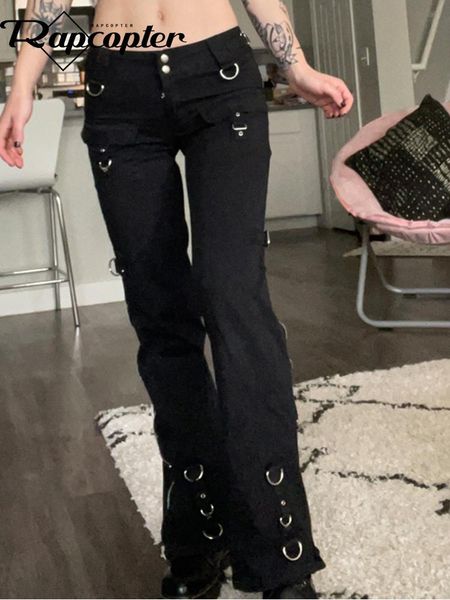 

jeans rapcopter metal zipper flare jeans goth black low waisted cargo pants pockets punk academic fashion sweatpants women korean jean, Blue