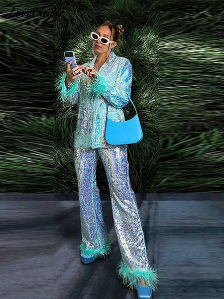 

women s two piece pants set 2 buah elan bulu jahitan payet glitter elan lengan panjang celana pinggang tinggi pakaian pesta streetwear bersi, White