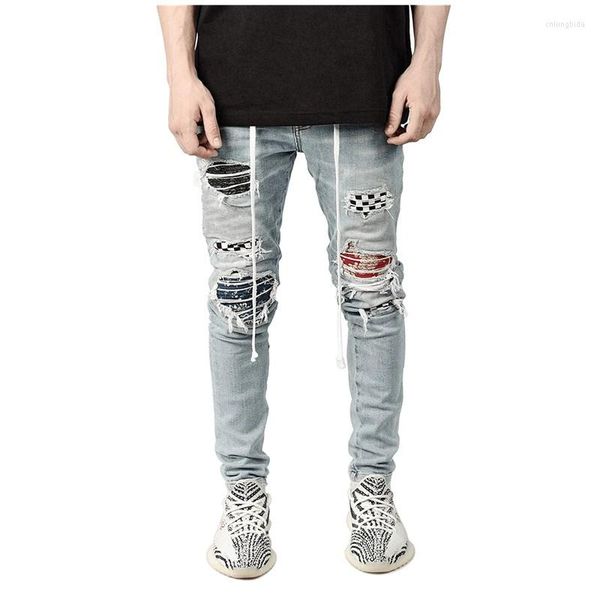 

men's jeans fashion casual men's street hip hop travel sports plaid denim ripped patch pencil pants slim stretch belt trousers, Blue