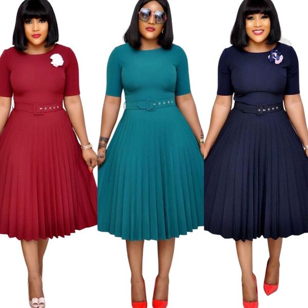

european and american summer new solid color pleated dress with belt short sleeve temperament designer midskirt shirt, Black;gray