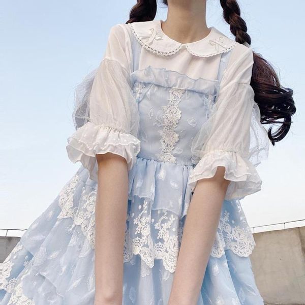 

t-shirt lolita with lace chiffon shirt female sweet puff sleeve blouses doll collar short sleeve shirts women summer blouse, White
