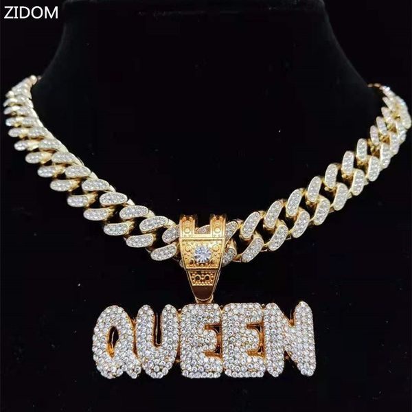 

strands strings men women hip hop king queen letter pendant necklace with 13mm miami cuban chain iced out bling hiphop necklaces fashion jew, Black