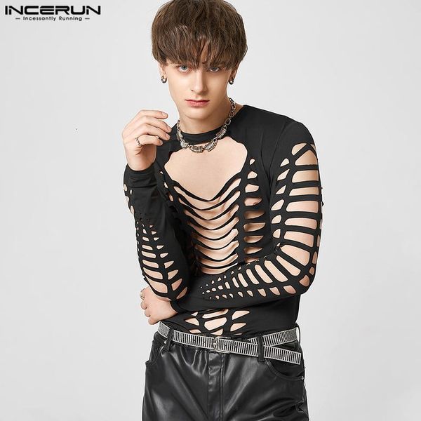 

men's t shirts kaus pria 2023 pakaian jalan lengan panjang leher o seksi berlubang warna polos camisetas fashion pesta incerun s 5xl 23, White;black