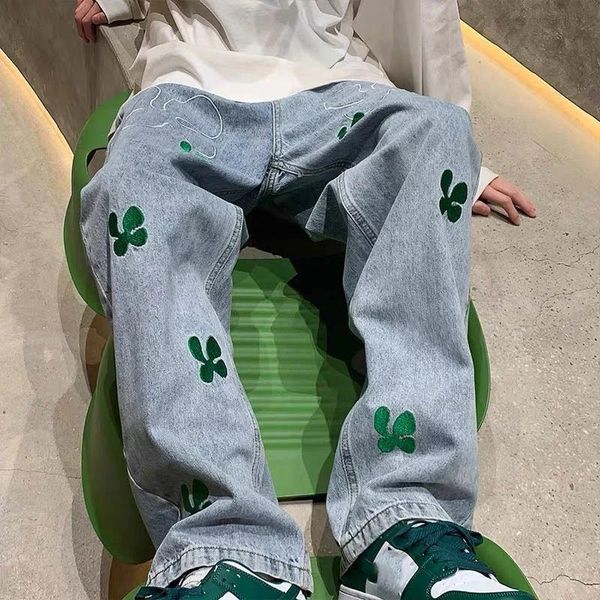 

men's jeans fashion embroidery baggy denim trousers spring vintage straight wide pants male bottoms casual y2k clothes 230426, Blue