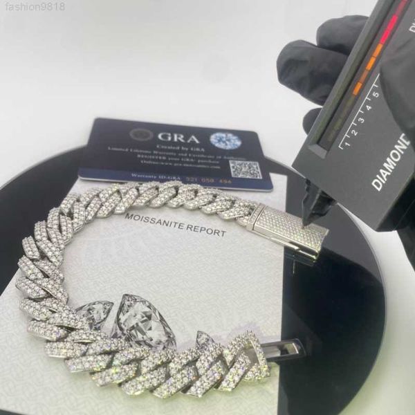 

wholesale hip hop jewelry 15mm vvs moissanite chain bracelet s925 iced out long box clasp diamond cuban link bracelet moissanite, Silver