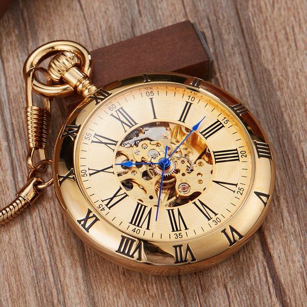 

pocket watches luxury copper silver automatic mechanical clock fob chain men roman numbers watches 230426, Slivery;golden