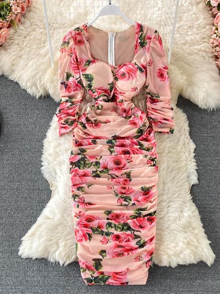 

dresses summer runway rose flower bodycon midi party club dresses women square collar puff sleeve sheath stretch draped robes, Black;gray