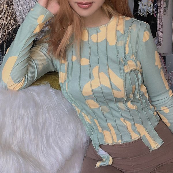 

women's t-shirt autumn lady fashion striped outfits y2k print women t shirt patchwork long sleeve o neck slim streetwear tees 230427, White