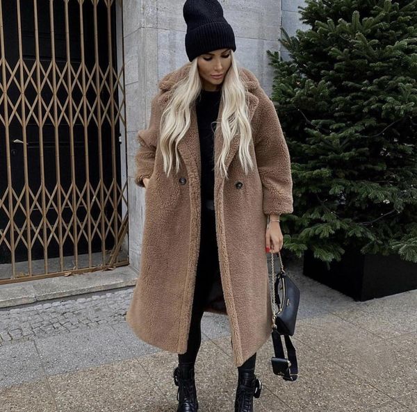 

fur new long teddy bear jacket coat women winter 2022 thick warm oversized chunky outerwear overcoat women faux lambswool fur coats, Black