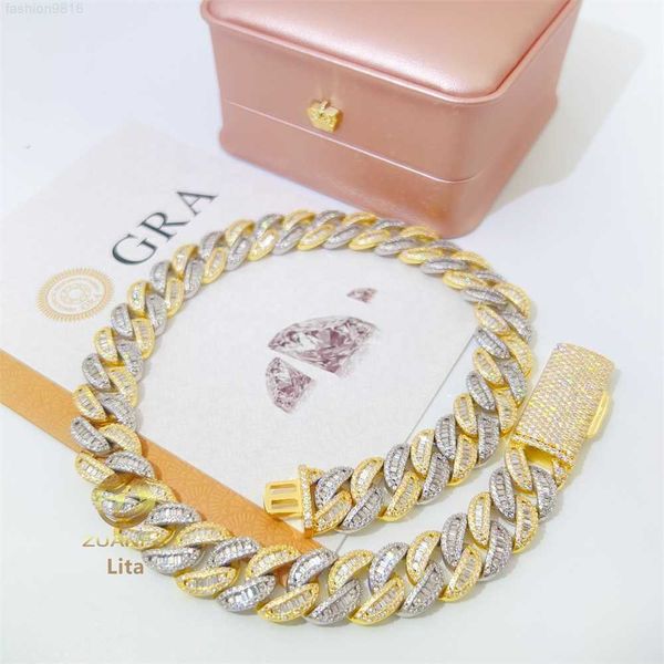 

925 sterling silver hip hop iced out 15mm mens necklace two tones baguette vvs diamond moissanite cuban link chain