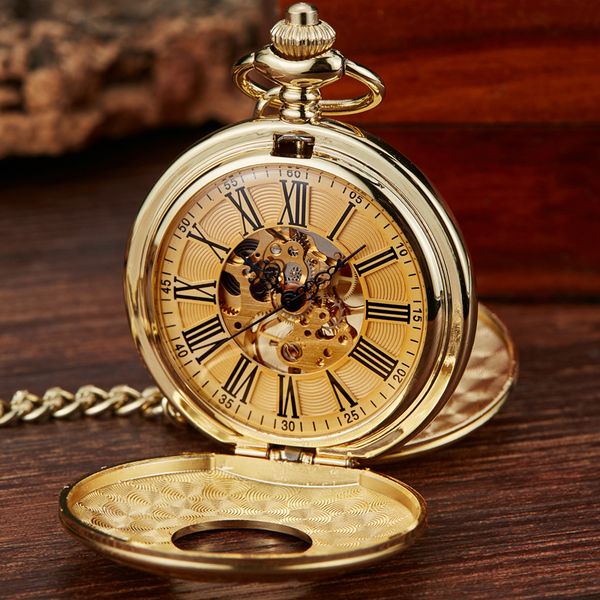 

pocket watches vintage 2 sides open case mechanical men's double face roman dial clock hand wind with fob chain gift 230426, Slivery;golden