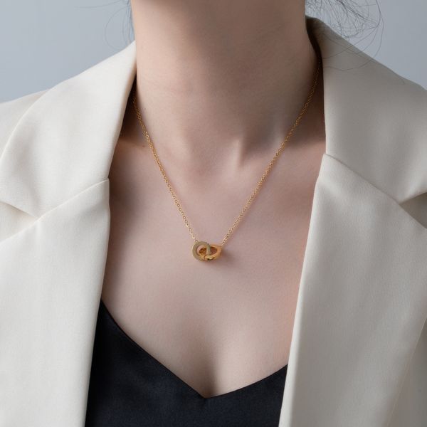 

simple temperament titanium steel necklace niche design double ring interlocking pendant clavicle chain, Silver