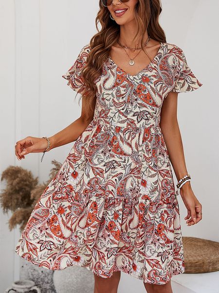 

casual dresses vintage print dres summer mini female v neck butterfly sleeve ladies loose holiday beach 230426, Black;gray