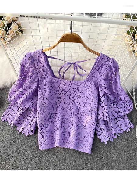 

women's blouses women summer blouse vintage court style square neck bubble short sleeve hook flower hollow water soluble lace d2990, White