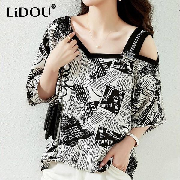 

t-shirt summer new fashion vintage letter print vneck off shoulder loose casual short sleeve tshirt wild popularity tshirt tees femme, White
